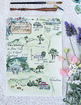 Green countryside map painted in Watercolours of Australian countryside