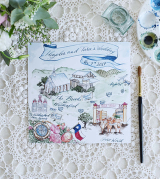 Elegant country wedding map of Texas Ranch for a barn wedding. Colourful watercolour illustration.