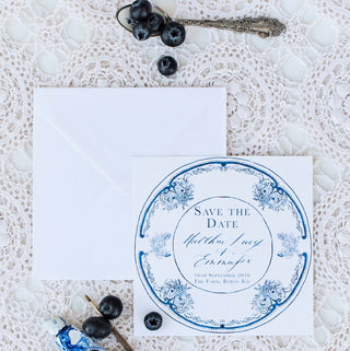 Blue & White Chine plate Save the date