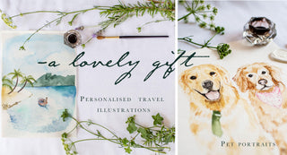 australian pet portrait in watercolour custom of a golden retriever. And a painting of a Phuket beach as a favourite spot gift for someone special