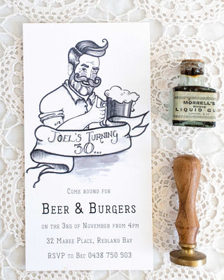 Beer and burgers simple invitation for mens birthday. Bearded man with a pint.