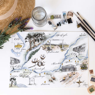 Business map illustration in watercolour for story branding. Cotton farm map of Australia