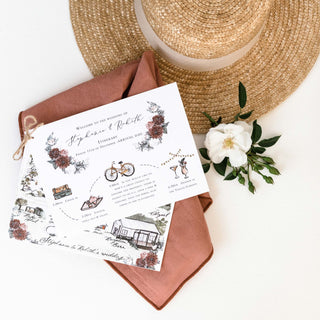 Destination wedding guest welcome pack, beautifully illustrated with map and list of the weekends activities.