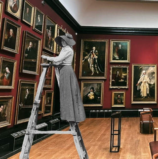 victorian woman in black and white cut out collage style over an image of the interior of an art gallery in London