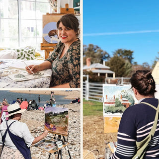 A three-panel collage showing Rebecca  Eddison painting in the studio and en plein air. The top-left panel shows a smiling Bec seated at an easel with paint and sketches in a bright room. The right one is Rebecca  painting in the farmyard in Canberra. And the third painting on the beach.