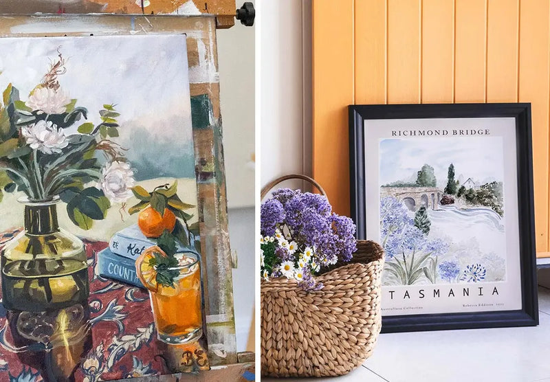split picture of a still life painting of flowers with cookbooks and orange juice with light bursting through the vase of flowers and a picture of a basket of flowers with a framed print of richmond bridge
