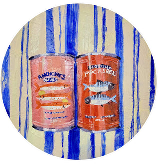 Colourful Mackerel tins still life oil painting