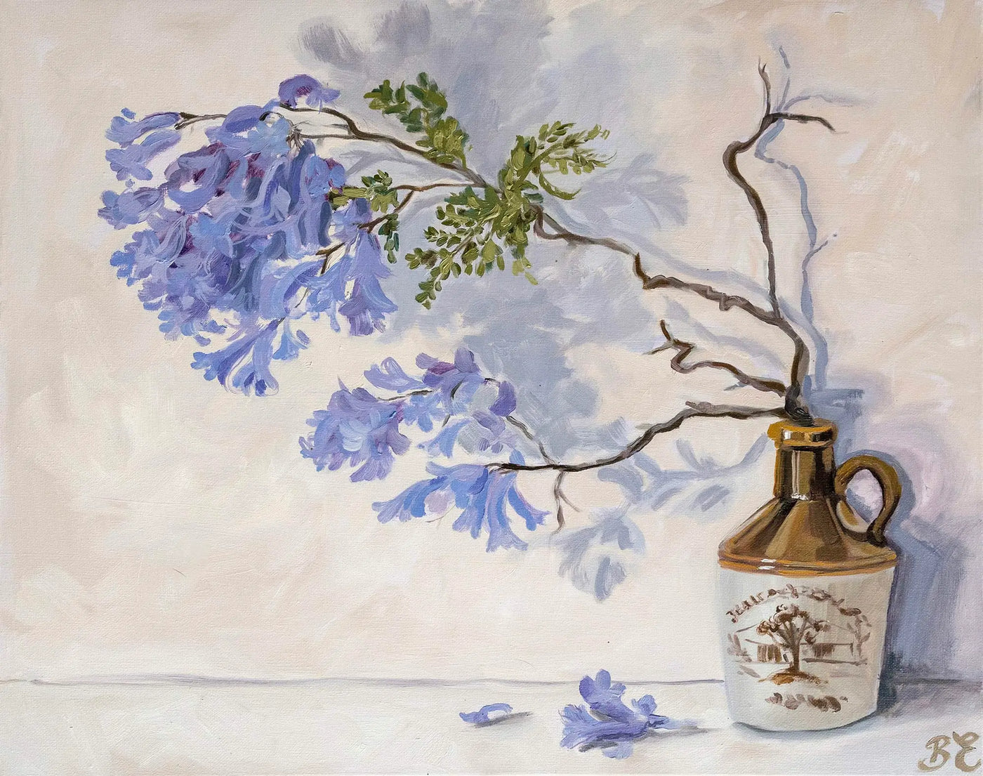 Jacaranda painting in a still life art style. A branch of jacaranda flowers in a vintage stoneware bottle