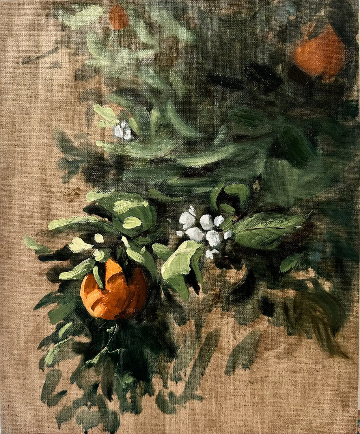 Impressionistic oil painting of an orange tree branch with green leaves, white blossoms, and orange fruits on a textured raw linen canvas background.