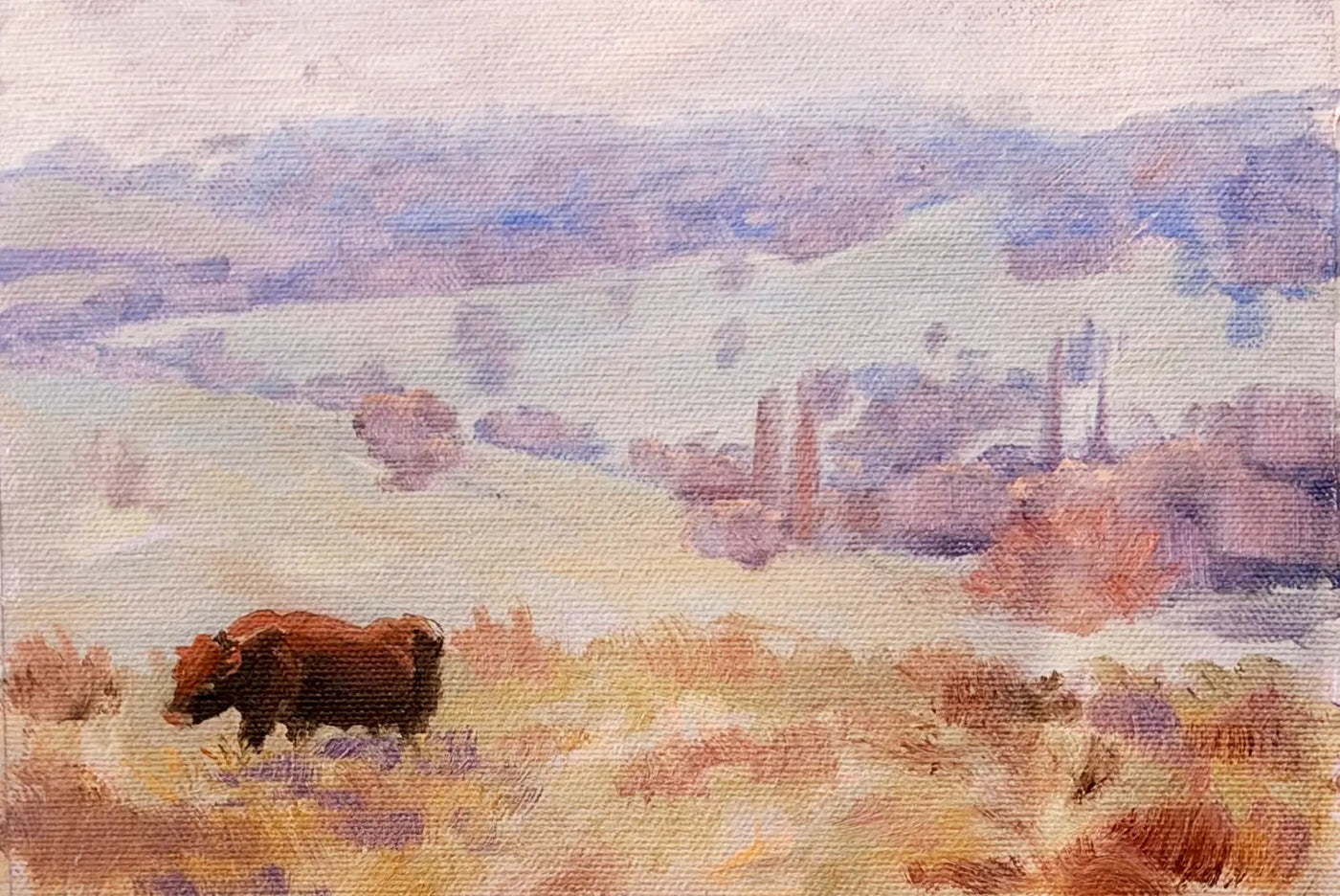 A textured oil painting of a bull standing in a grassy field, looking towards a hazy, purple-toned mountainous landscape under a pale sky. Blush, sienna and violet colour palette.