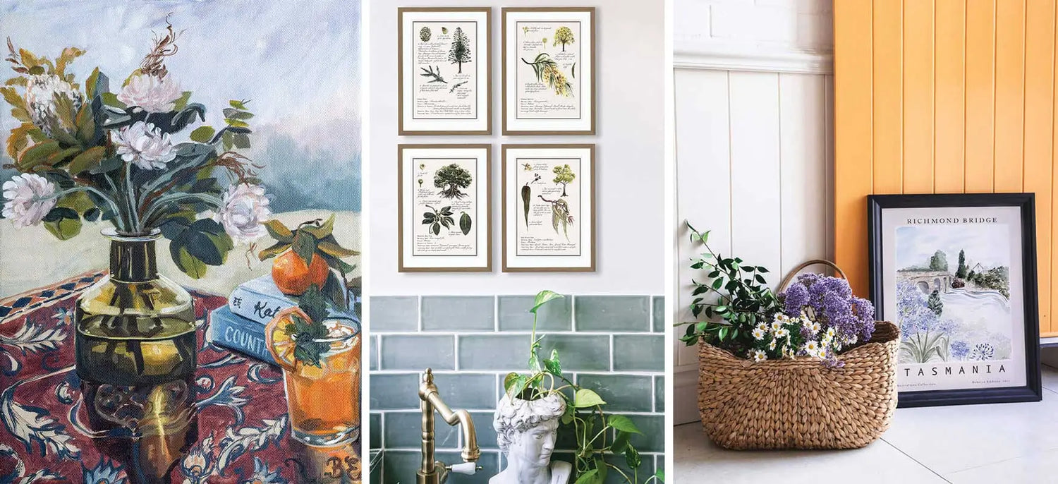 Photos of Australian artwork to buy online tripditch of photos including a still life oil painting with a country style book and oranges, botanical prints on a bathroom wall and an art print next to a door and basket of flowers