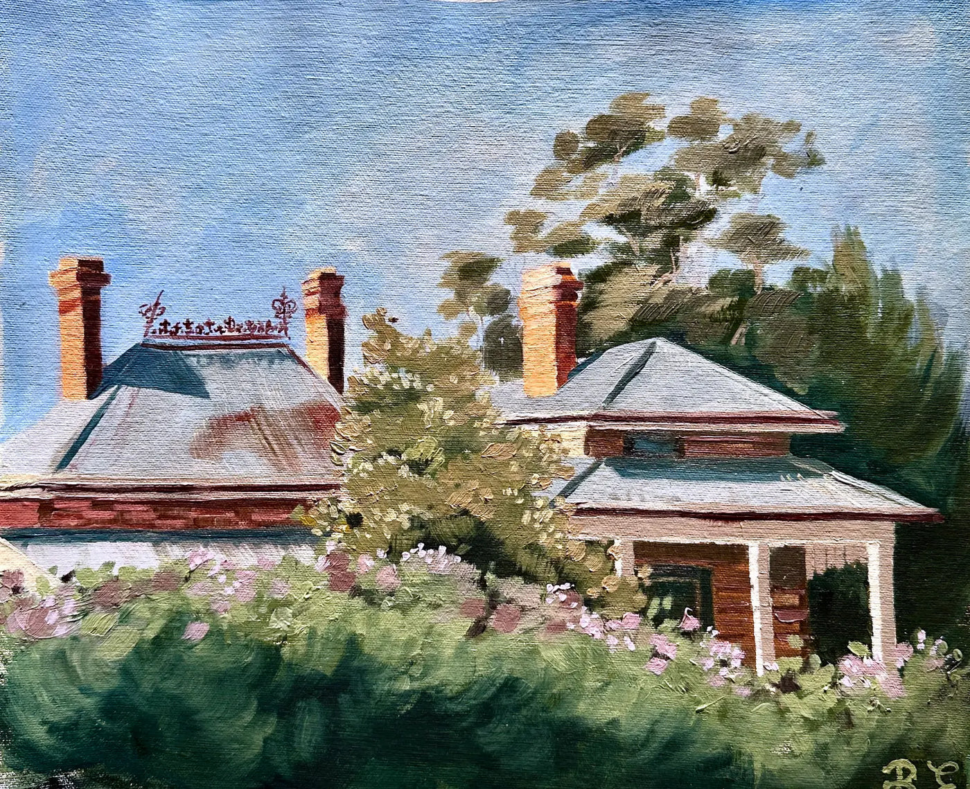 A custom house oil painting portrait of a historic Federation house in Gundaroo, Australia. Red brick cottage with brick chimneys, surrounded by lush green trees and bushes with pink flowers in the foreground under a blue sky.