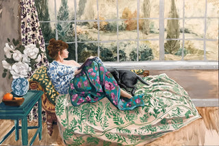 A painterly portrait of a calm interior scene with flowers. A painted domestic scene showing a woman reclining by a large window, wrapped in a green and pink floral blanket, with a black dog beside her. A small table with flowers and fruit sits to the left, and the outdoor garden is visible through the window.