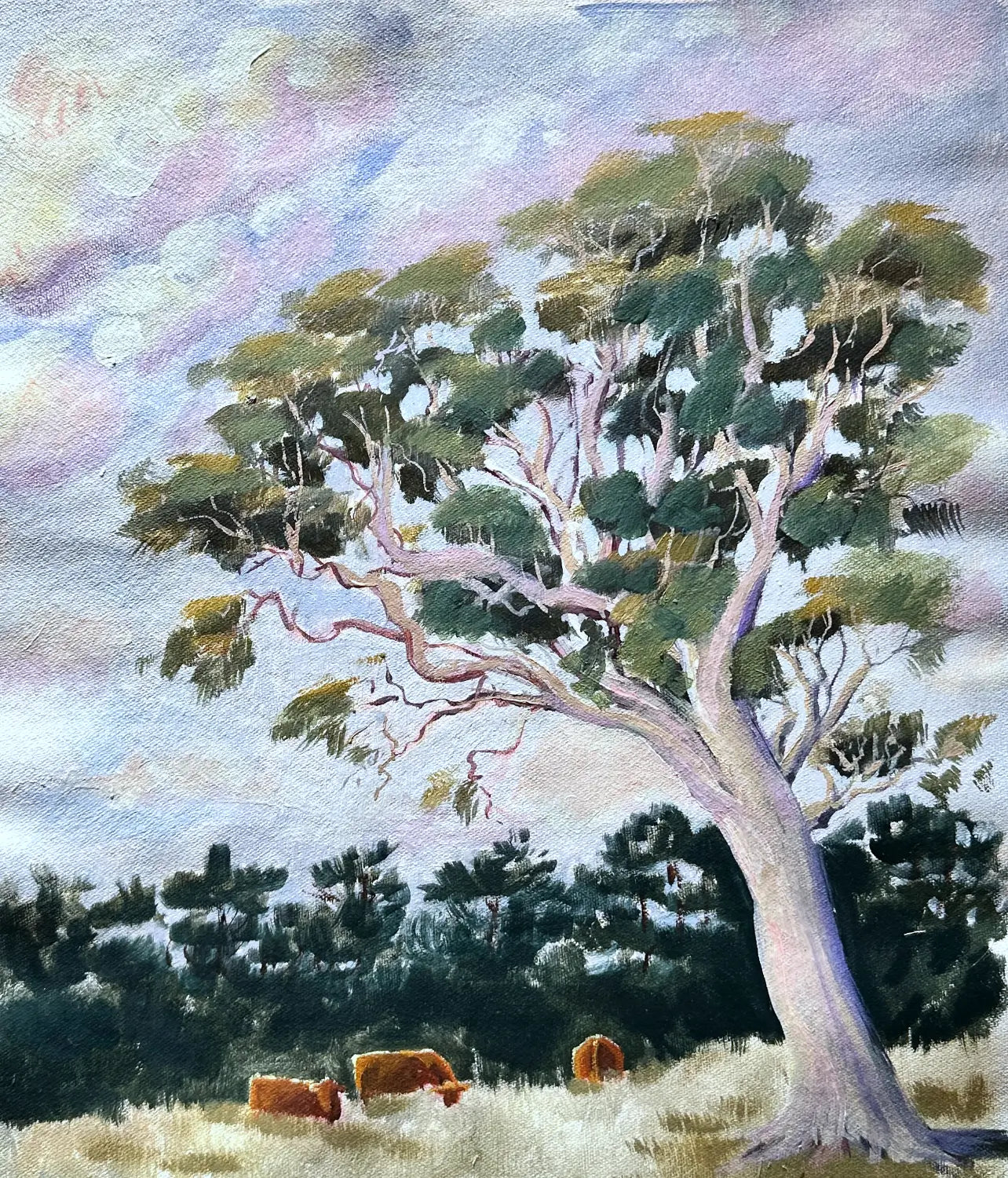Australian oil landscape painting of a large gum tree with green and gray foliage, a pale trunk, grazing brown cattle in a grassy field, and a soft pastel sky in lavender, blue, and pink tones.