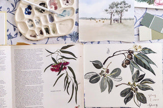 Australian natives botanical artwork in watercolour with a reference book next to it.