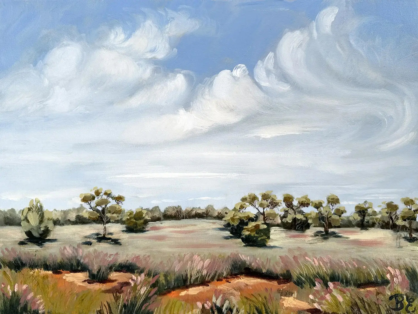 An impressionistic outback Australian landscape painting of a grassy field with scattered trees under a dramatic blue sky filled with white and gray clouds. The red earth of the outback among the grass. Painted en plein air in Bollon, Queensland.