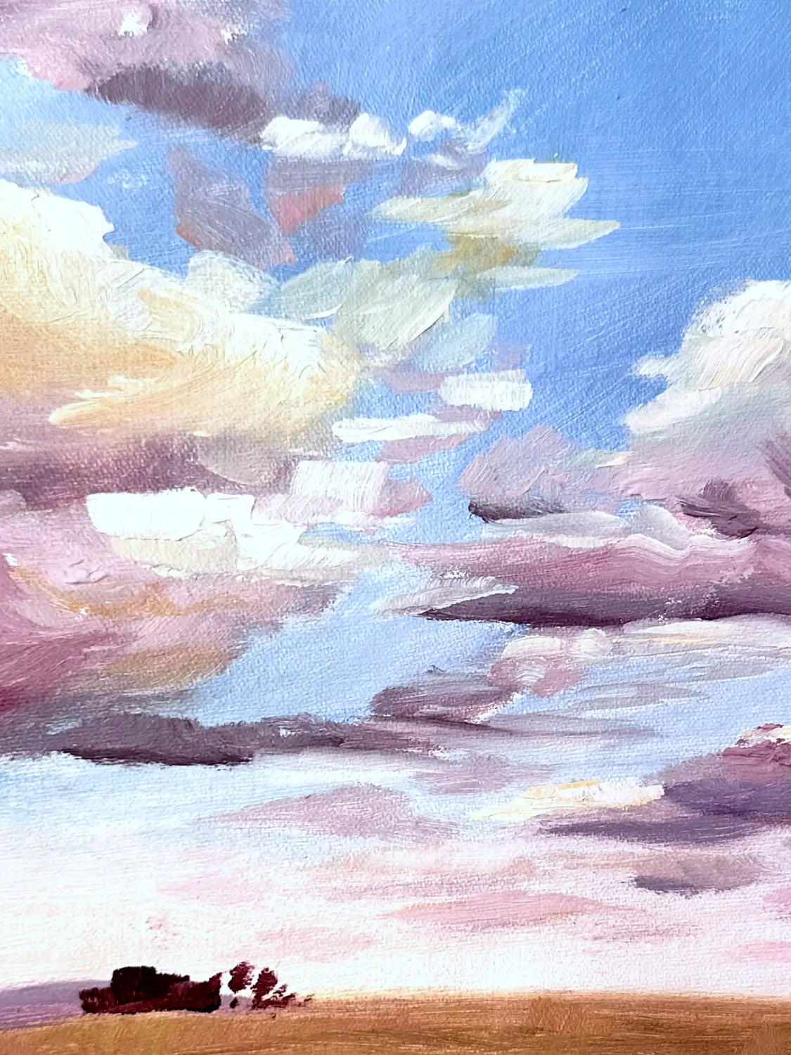 A quick plein air sketch of Australian rural scene near Gundaroo. Oil landscape painting of a dramatic sky with soft blue, pink, purple, and cream clouds above a tan field with small dark trees and a shaded shed near the bottom.