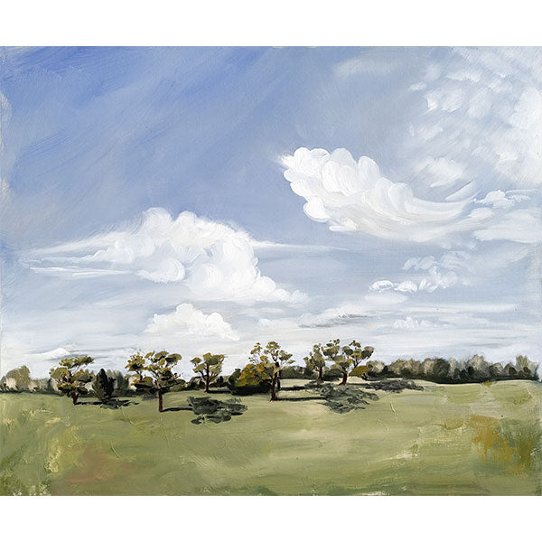 Painting of an Australian landscape with gum trees and a blue sky with clouds