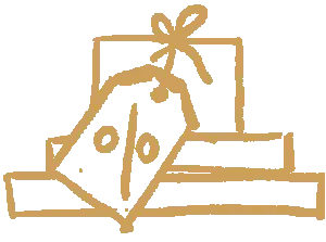 A black and white hand-drawn style graphic of stacked gift boxes with ribbon and price tags, likely used as a festive or promotional icon.