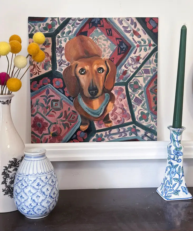 Sausage dog portrait custom painted in oils with patterned carpet  background