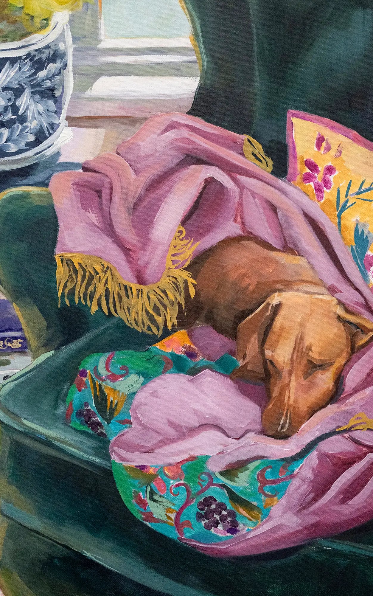 dachshund portrait painted in oils. a dog sleeping on and armchair