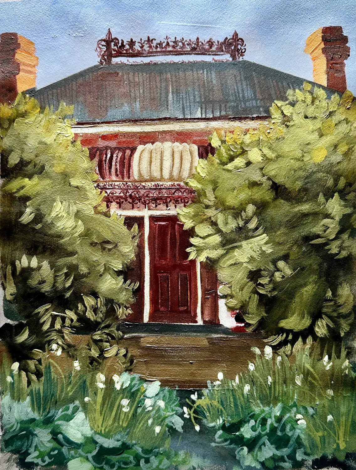 A custom house painting, feauturing the front entrance of a Federation house in Gundaroo, New south wales. The front door is framed by lush green bushes and a garden path, with a blue sky above.