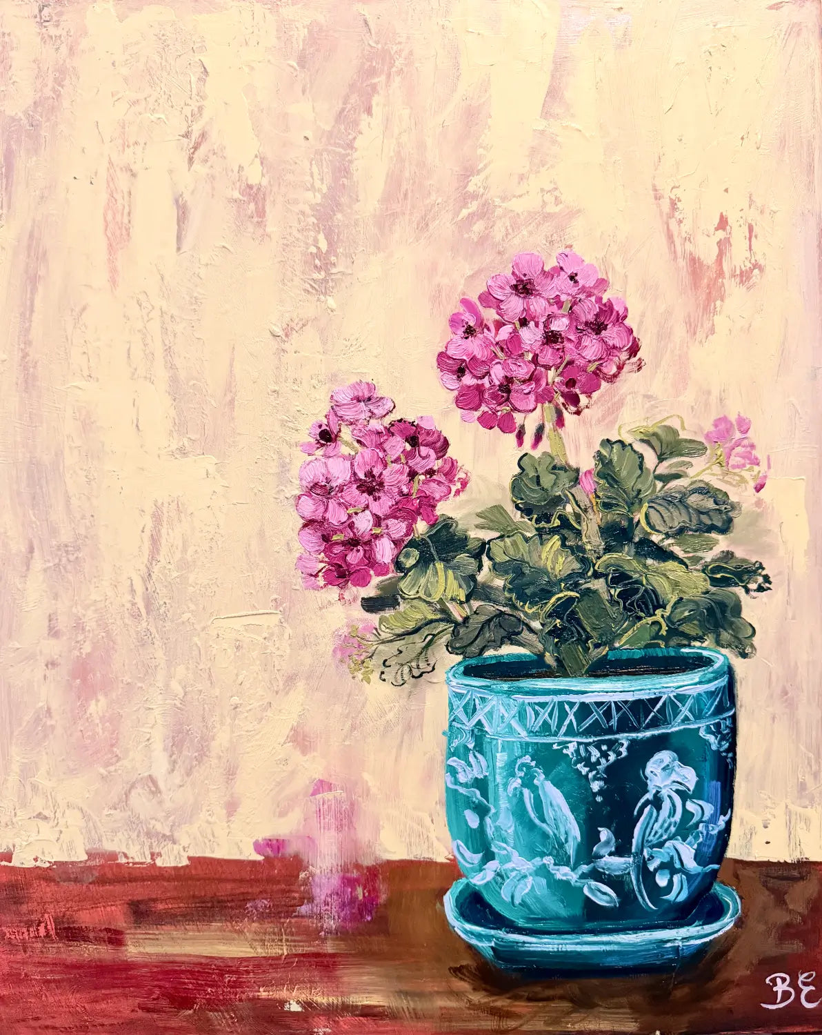 A textured still life painting of a potted geranium with pink flowers and green leaves in a emerald green ceramic pot, set against a textured butter yellow and pink background.