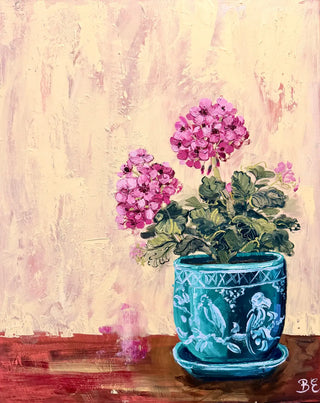 A textured still life painting of a potted geranium with pink flowers and green leaves in a emerald green ceramic pot, set against a textured butter yellow and pink background.