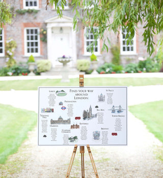Illustrated London landmarks Seating Chart for a travel inspired wedding
