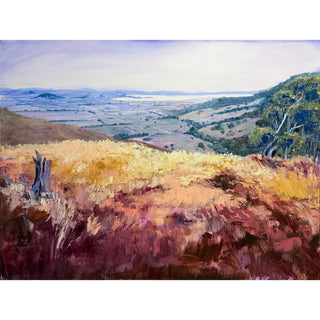 A large textured Australian landscape painting  of rolling hills and valleys, with golden-yellow fields in the foreground, green gum trees on the right, and distant blue-gray hills under a pale sky. View looking out the Lake George in New South Wales.