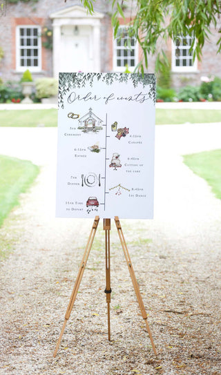 Illustrated wedding schedule sign for church wedding