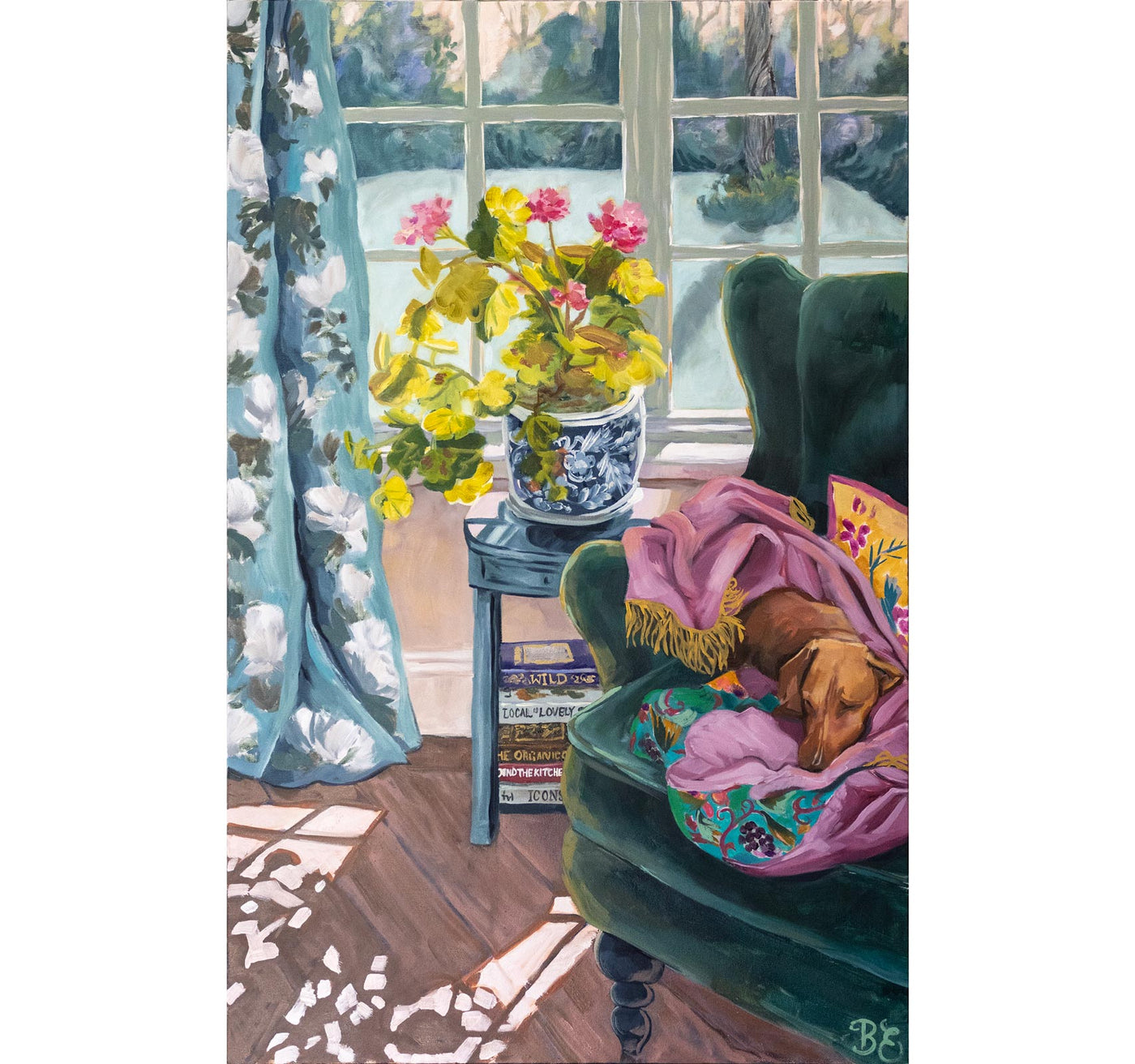 sausage dog oil painting of him sleeping nestled into a blanket on a chair near the window. Geranium pot plant making dappled shadows.