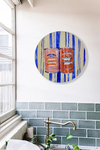 Colourful Mackerel tins still life oil painting