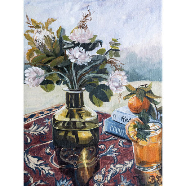 Still life painting with flowers, a glass of orange juice, and a book on a patterned surface.